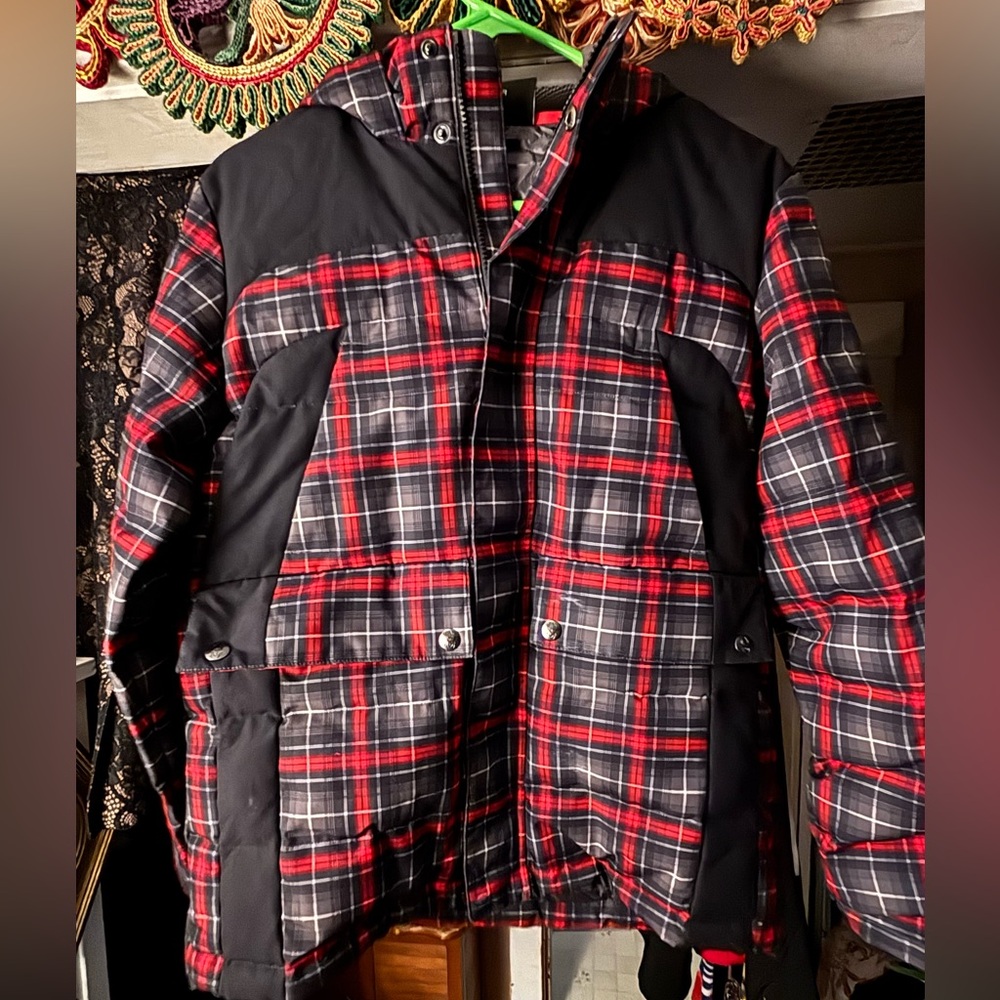 SALE!❄️Spyder Youth Boy’s Garrison Hooded Down Winter Ski Jacket Plaid Size Lg